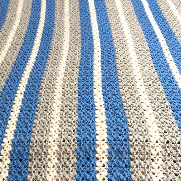 Handmade Queen Size Blue and Gray Striped Crochet Blanket - Picture 7 of 9